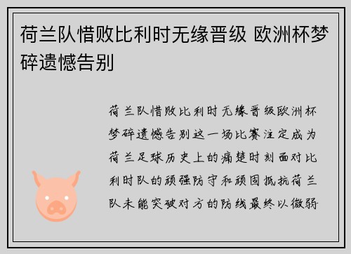 荷兰队惜败比利时无缘晋级 欧洲杯梦碎遗憾告别