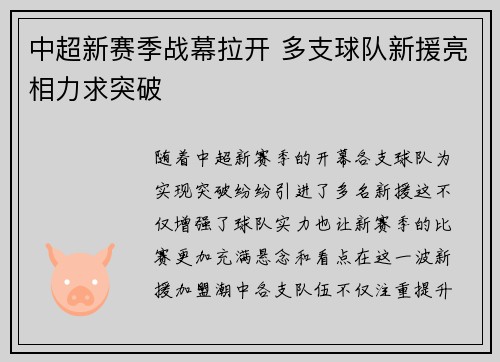 中超新赛季战幕拉开 多支球队新援亮相力求突破